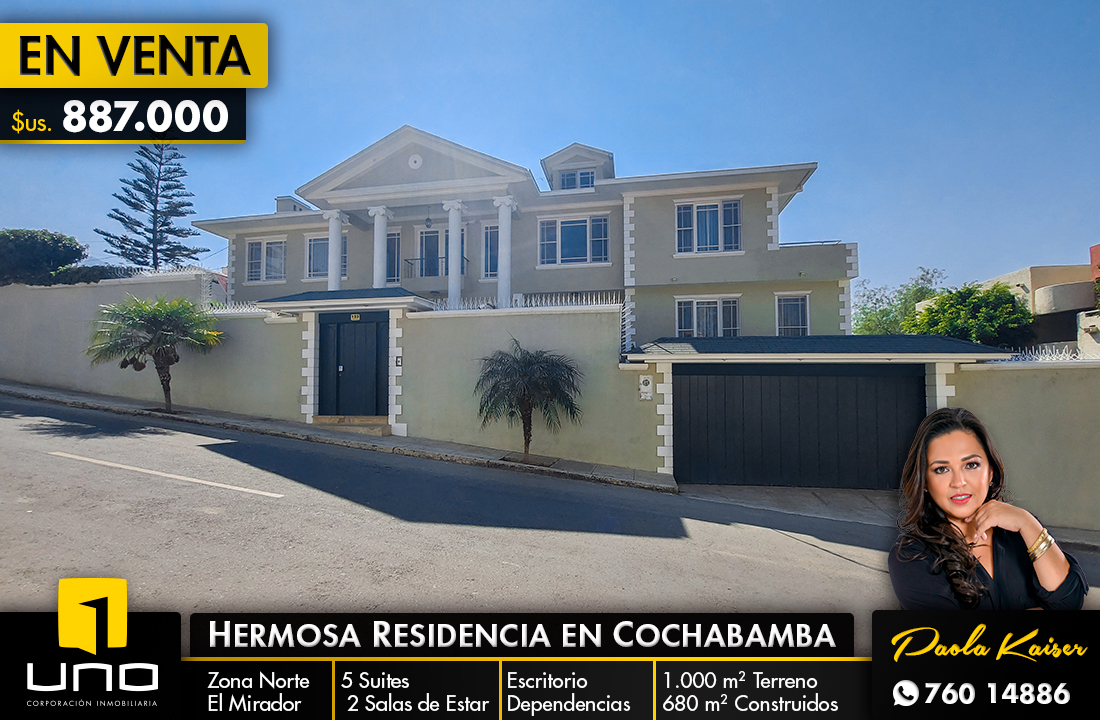 Lujosa casa en venta, Zona Norte Cochabamba. Ref #R6198 