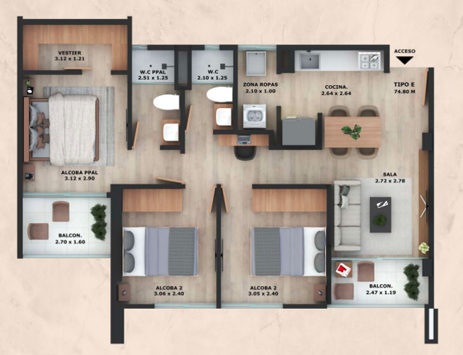 Apartamento de 3 alcobas en venta en El Tambo, La Ceja, 74 m² · foto 4 de 4