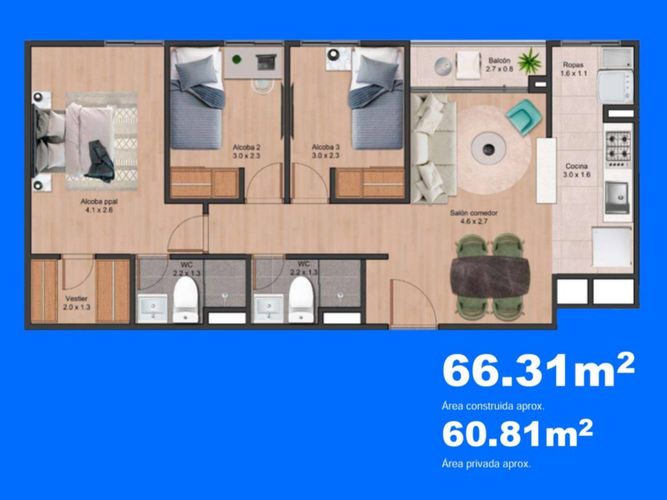Apartamento de 3 alcobas en venta en El Porvenir, Rionegro, 66 m² · foto 9 de 9