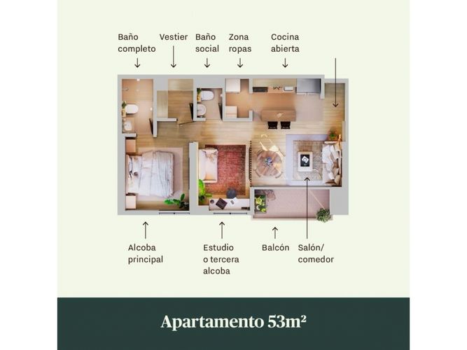 Apartamento de 1 alcoba en venta en Barro Blanco, Rionegro, 53 m² · foto 3 de 7