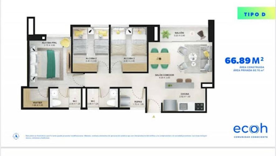Apartamento de 3 alcobas en venta en San Jose, Sabaneta, 67 m² · foto 2 de 3