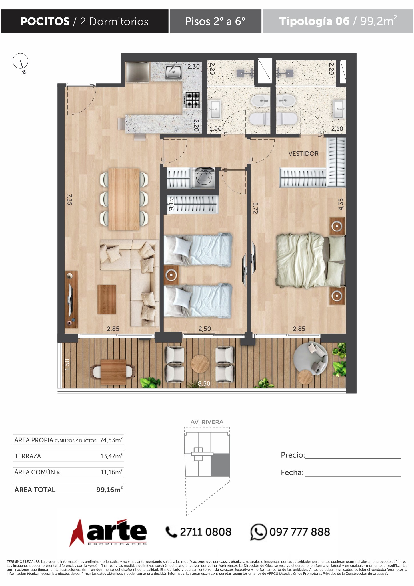 Venta De Apartamento De 2 Dormitorios En Pocitos Con Terraza De 13.50 M2  Al Sol - Ansicht 2