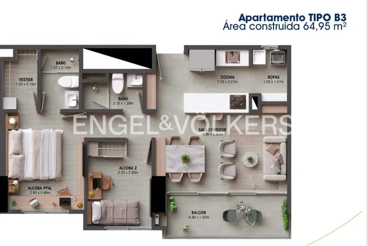 Apartamento de 2 alcobas en venta en Villa Carlota, Medellín, 65 m² · foto 7 de 7