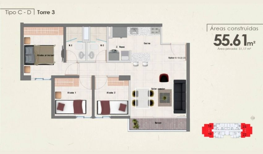 Apartamento de 3 alcobas en venta en Machado, Copacabana, 55 m² · foto 10 de 17