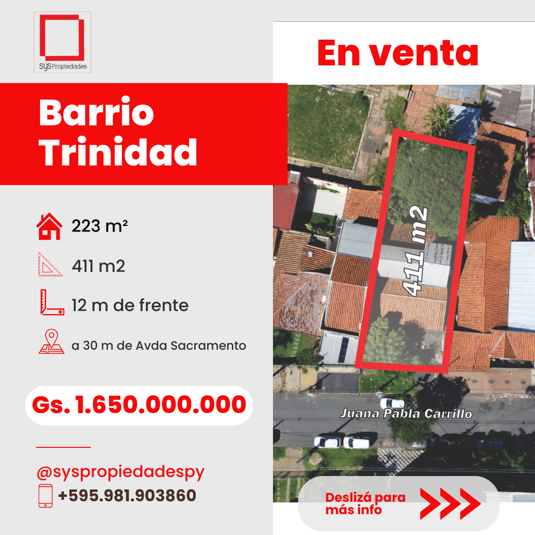 Terreno 411 m² en Trinidad, a 30 m de Avda. Santísimo Sacramento