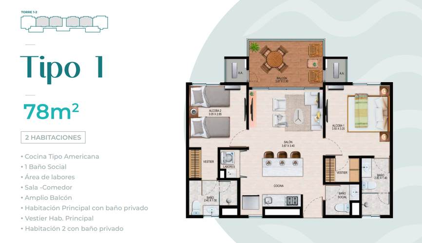 Apartamento de 2 alcobas en venta en Las Azucenas, Barranquilla, 78 m² · foto 5 de 19