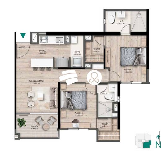 Apartamento de 2 alcobas en venta en El Porvenir, Rionegro, 59 m² · foto 4 de 14