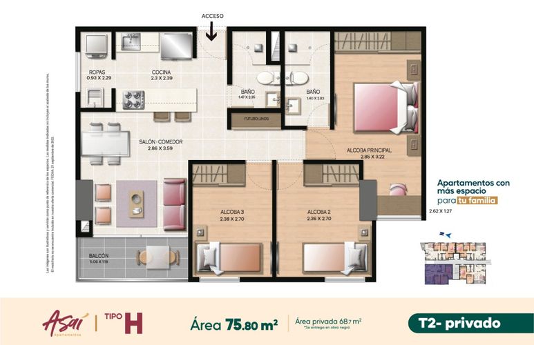 Apartamento de 3 alcobas en venta en San Joaquin, Sabaneta, 75 m² · foto 4 de 8