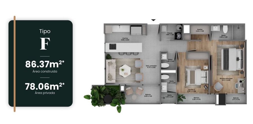 Apartamento de 2 alcobas en venta en Castropol, Medellín, 86 m² · foto 5 de 16