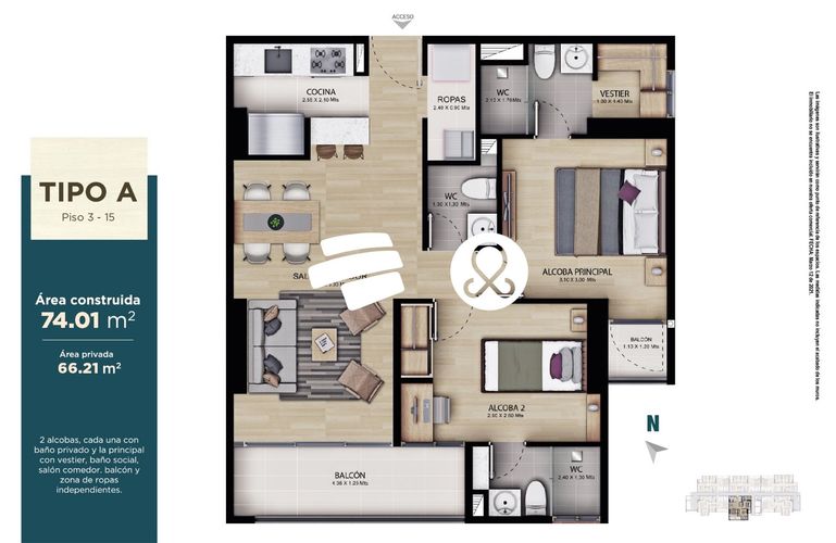 Apartamento de 2 alcobas en venta en Rionegro, 74 m² · foto 18 de 18