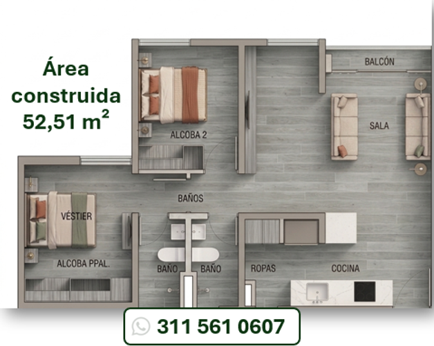 Apartamento de 2 alcobas en venta en Quebrada La Iglesia Ii, Bucaramanga, 52 m² · foto 14 de 18