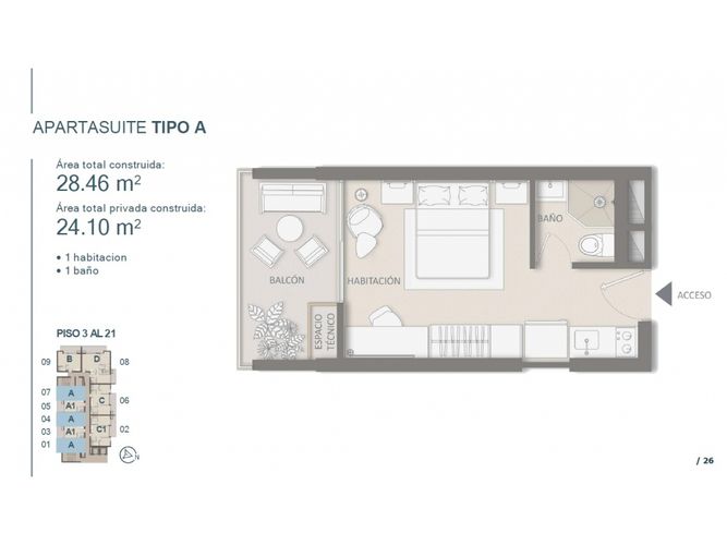 Apartamento de 1 alcoba en venta en Pozos Colorados, Santa Marta, 28 m² · foto 7 de 8