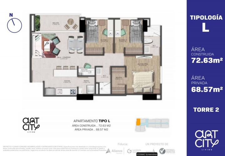 Apartamento de 3 alcobas en venta en El Poblado, Medellín, 72 m² · foto 6 de 6