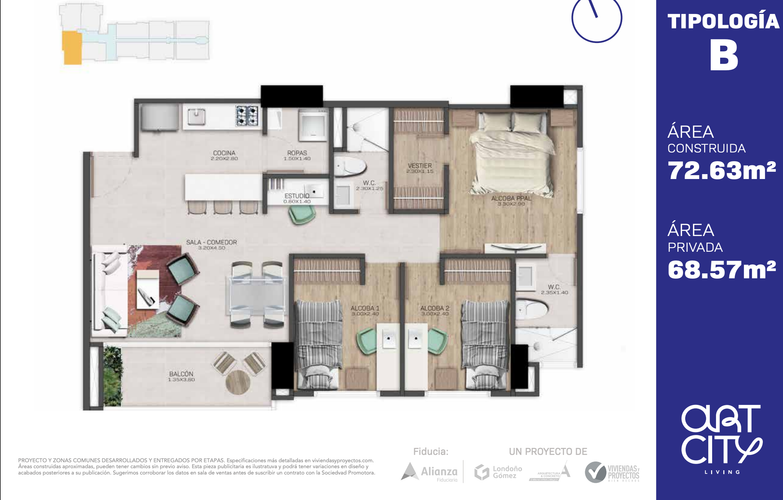 Apartamento de 3 alcobas en venta en Ciudad Del Río, Medellín, 72 m² · foto 9 de 9