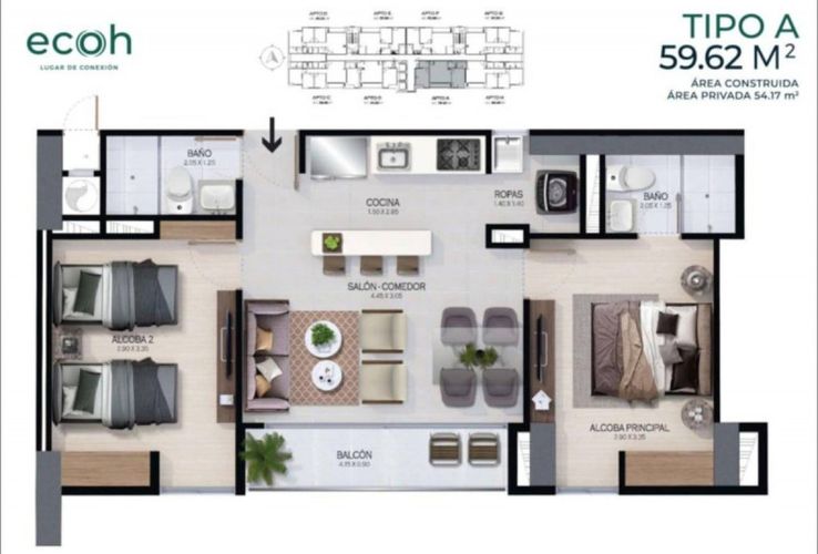 Apartamento de 2 alcobas en venta en Sabaneta Real, Sabaneta, 59 m² · foto 5 de 5