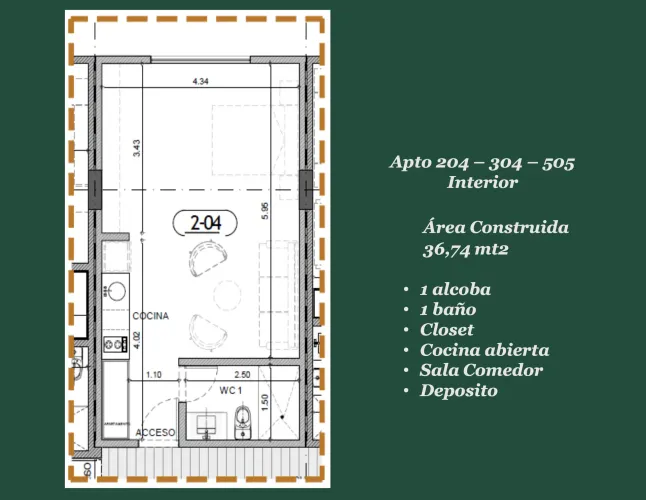 Apartamento de 1 alcoba en venta en Chicó Reservado, Bogotá, 36 m² · foto 5 de 5