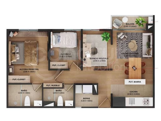 Apartamento de 2 alcobas en venta en Las Flores, Sabaneta, 69 m² · foto 4 de 12