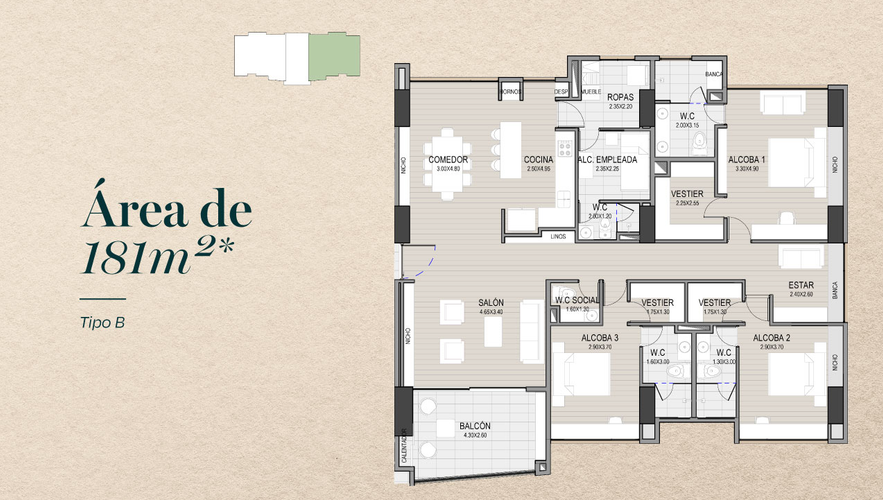 Apartamento de 3 alcobas en venta en Altos Del Poblado, Medellín, 181 m² · foto 14 de 18