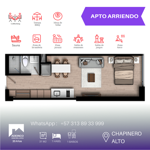 Apartamento de 1 alcoba en arriendo en Chapinero Alto, Bogotá, 30 m² · foto 16 de 20