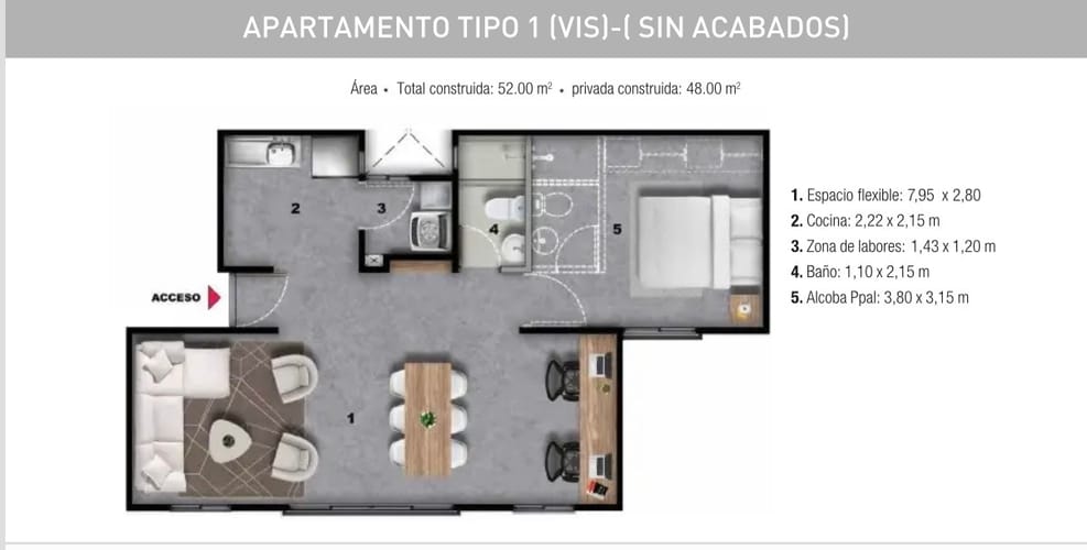 Apartamento de 3 alcobas en venta en Guabinas, Yumbo, 52 m² · foto 4 de 8