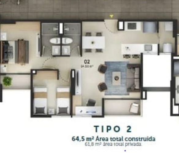 Apartamento de 2 alcobas en venta en El Faro, Rionegro, 64 m² · foto 3 de 6