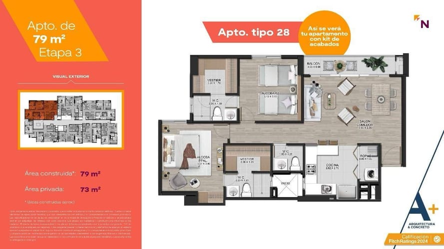 Apartamento de 2 alcobas en venta en El Porvenir, Rionegro, 79 m² · foto 4 de 14