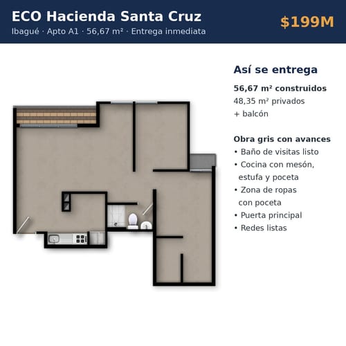 Apartamento de 2 alcobas en venta en Hacienda Santa Cruz, Ibagué, 56 m² · foto 3 de 19
