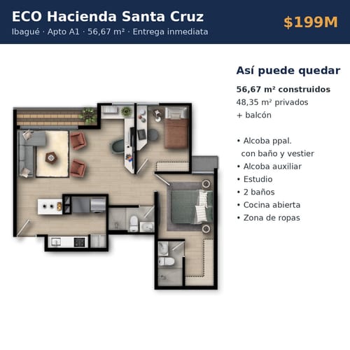 Apartamento de 2 alcobas en venta en Hacienda Santa Cruz, Ibagué, 56 m² · foto 4 de 19