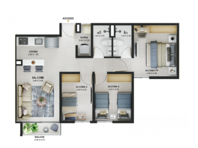 Apartamento de 2 alcobas en venta en Bello Horizonte, Bello, 55 m² · foto 7 de 10