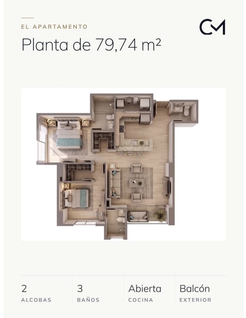 Apartamento de 2 alcobas en venta en Altos Del Poblado, Medellín, 79 m² · foto 3 de 15