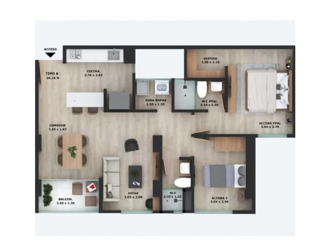 Apartamento de 2 alcobas en venta en Lomitas, La Ceja, 66 m² · foto 5 de 7