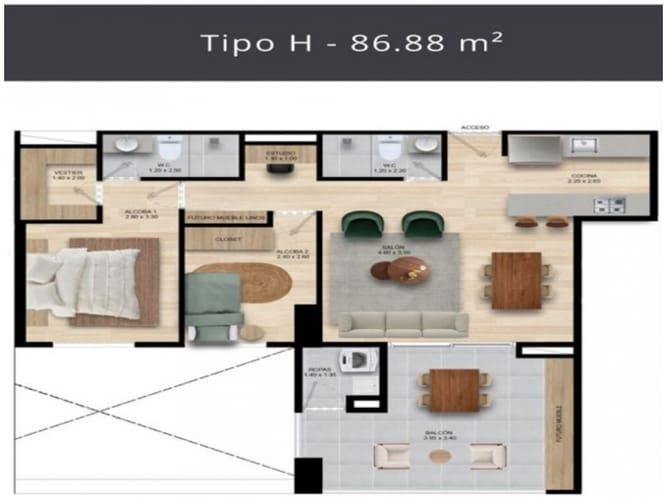 Apartamento de 2 alcobas en venta en El Portal, Envigado, 86 m² · foto 7 de 12