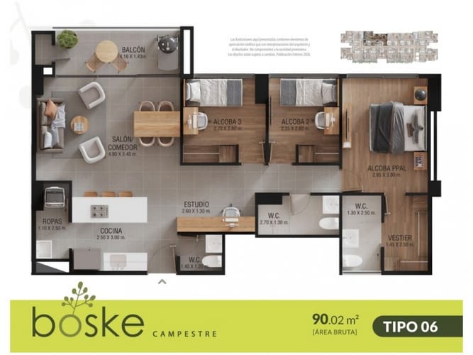 Apartamento de 3 alcobas en venta en San Antonio De Pereira, Rionegro, 90 m² · foto 6 de 7