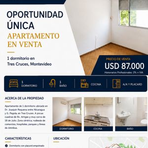 Oportunidad única, Venta De Apartamento Un Dormitorio En Tres Cruces, Montevideo.