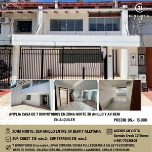 Amplia Casa De 7 Dormitorios En Alquiler,zona Norte 3er Anillo Y Av Beni