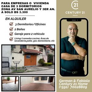 A Solo Bs 3.300; Casa De 2 Plantas 3 Dorms En Alquiler Para Empresa O Vivienda