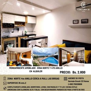 A Solo Bs 2.800 Monoamiente Amoblado En Alquiler,z.norte 4to Anillo