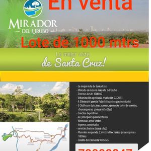 Venta De Terreno De 1000 Mtrs En Mirador Del Urubo 