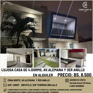 Lujosa Y Amplia Casa De 4 Dorms, Av Alemana Y 3er Anillo En Alquiler