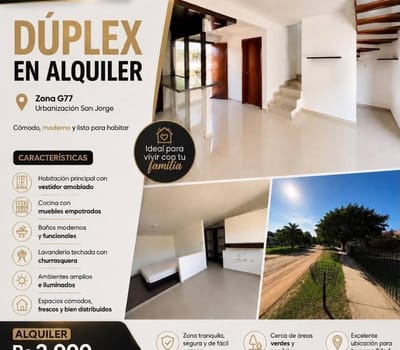 ¡Dúplex En Alquiler – Zona G77! Urbanización San Jorge – Av. G77, 9.º Anillo