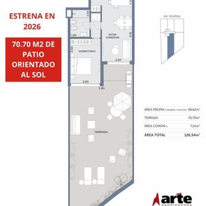 Venta De Apartamento De 1 Dormitorio Con 70.70 M2 De Terraza En Pocitos