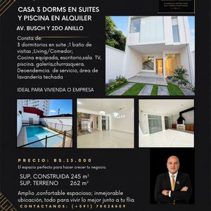 Lujosa Casa De 3 Dorms En Sute Y Con Piscina En Alquiler Av Usch Y 2do Anillo