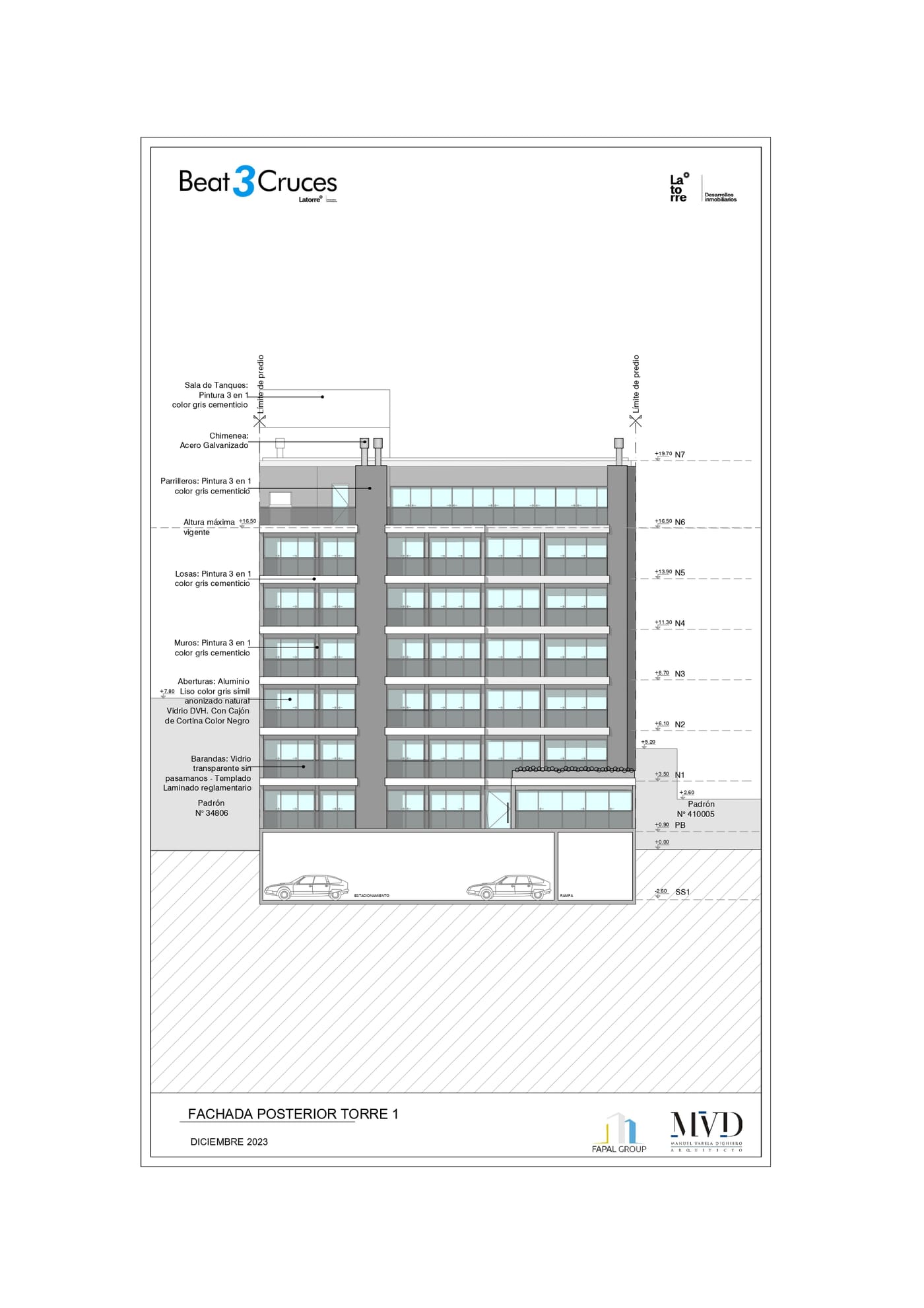 Plano Fachada Posterior Torre 1 — Beat Tres Cruces
