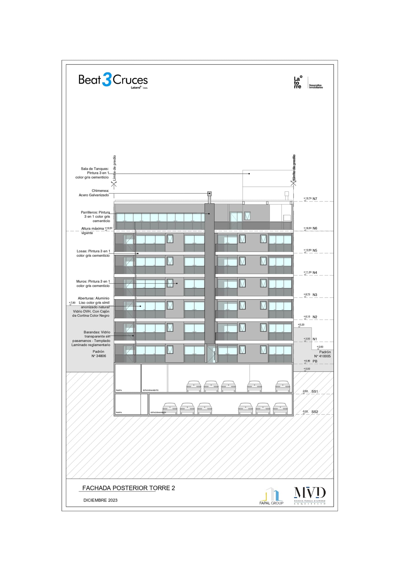 Plano Fachada Posterior Torre 2 — Beat Tres Cruces