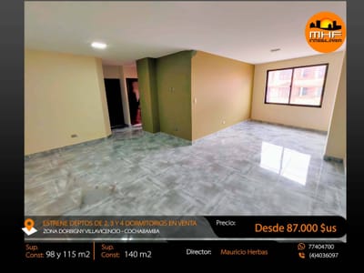Estrene Amplios Deptos. En Venta 2 A 4 Dorm. Zona D´orbigny Villavicencio Cbba
