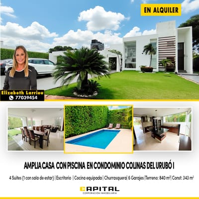 Casa con piscina en alquiler condominio Colinas del Urubo I