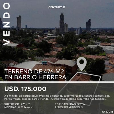 Vendo terreno AR2B de 476 m2 en Barrio Herrera!