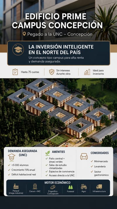 En venta – Monoambientes en pozo | Edificio Prime Campus Concepción