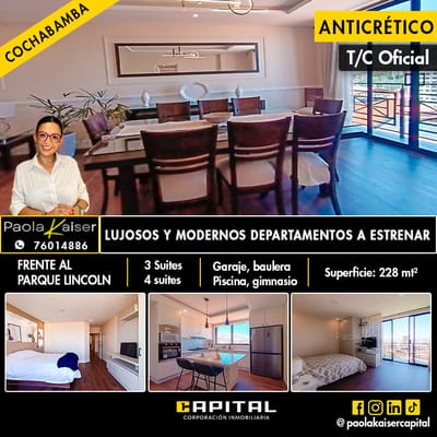 Oferta! Modernos departamentos de 3 y 4 suites en Cochabmba
