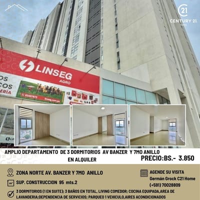 AMPLIO DEPARTAMENTO DE 3 DORMITORIOS EN ALQUIERL, AV BANZER Y 7MO ANILLO